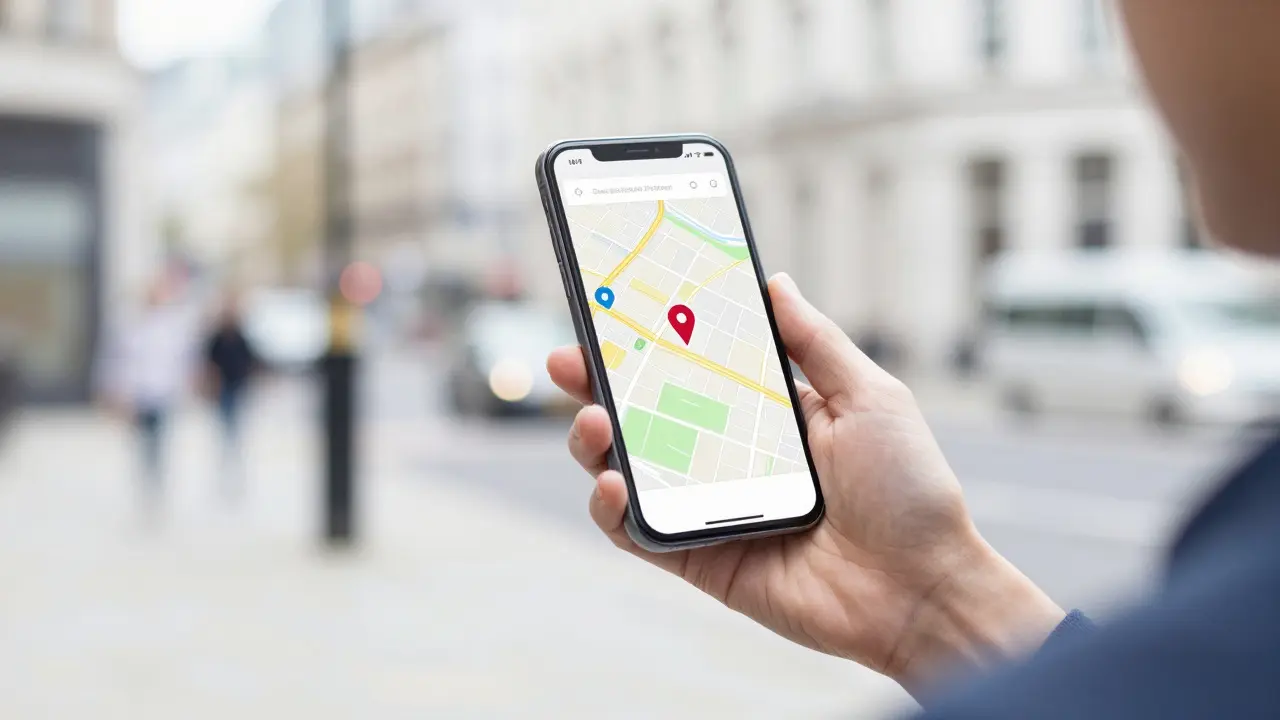 Person researching local wellness providers on a smartphone in an urban setting