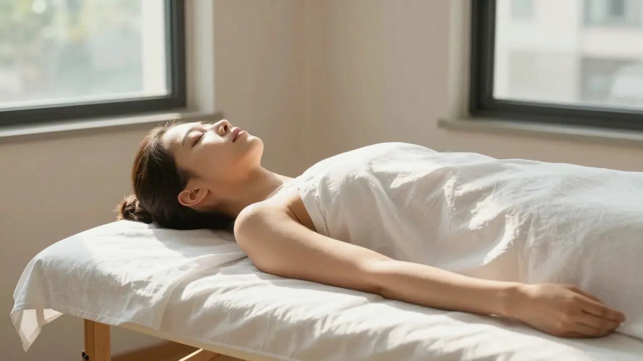 Person resting peacefully on a massage table in a calm therapy room