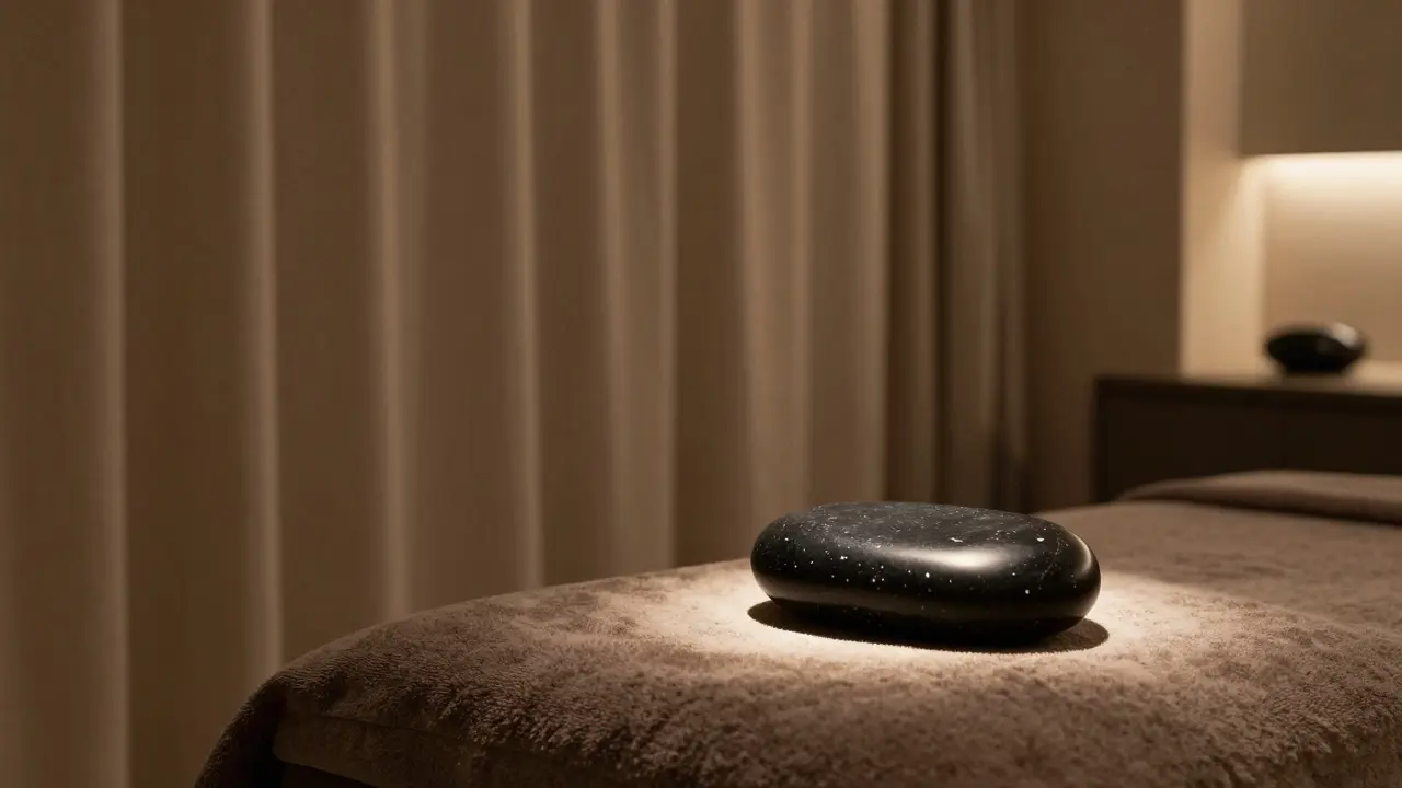 Serene spa setting with a glowing hot stone on a plush towel