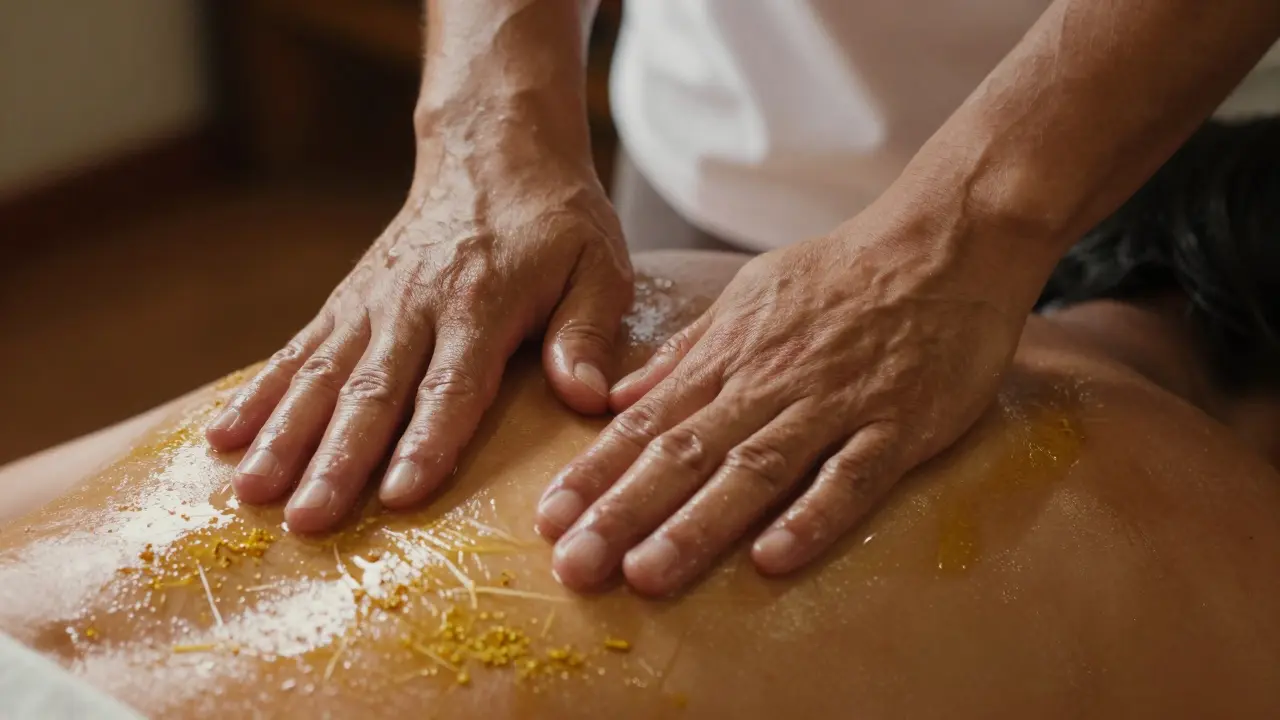 Therapist hands applying oil and pressure during a massage session.