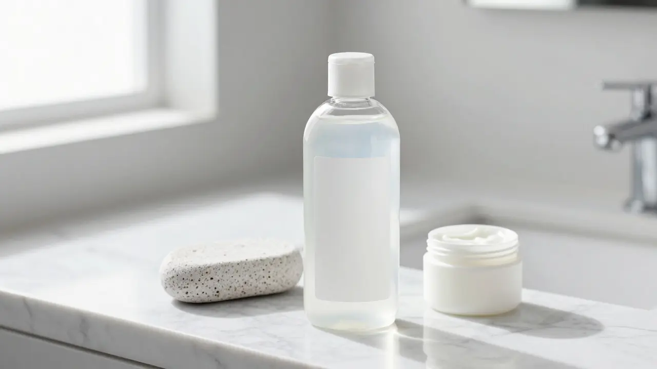 Water-based lube, pumice stone, and lotion on a clean marble counter
