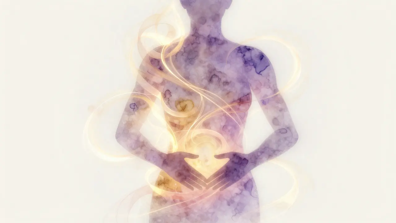 Abstract illustration of a glowing human silhouette made of light ribbons, symbolizing mindfulness