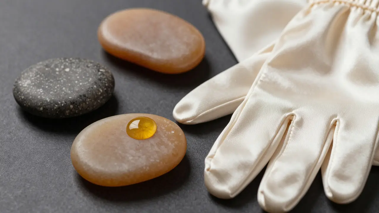 Close-up of silk, satin gloves, and warm massage stones with oil drops on a dark surface