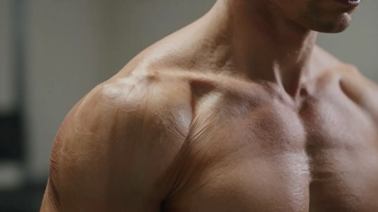 Close-up of tense shoulder and neck muscles showing stiffness