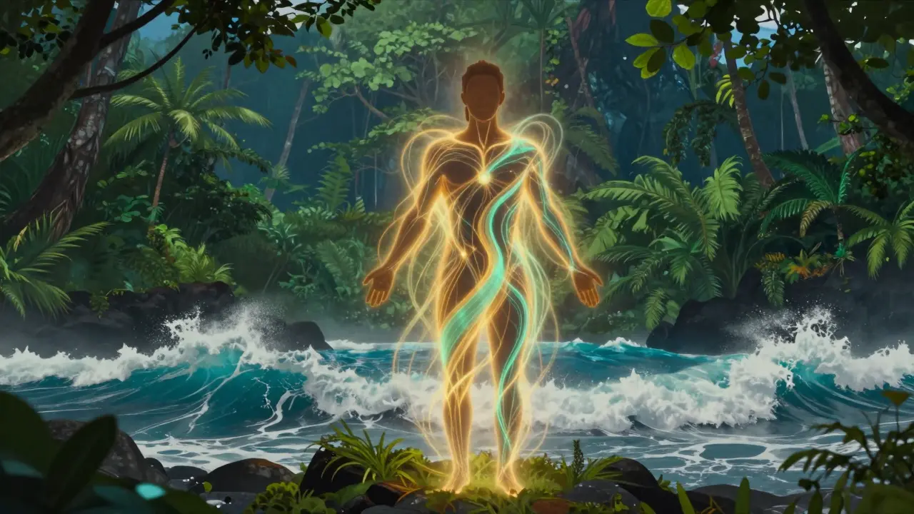 Ethereal glow of energy flowing through a figure amidst Hawaiian nature.