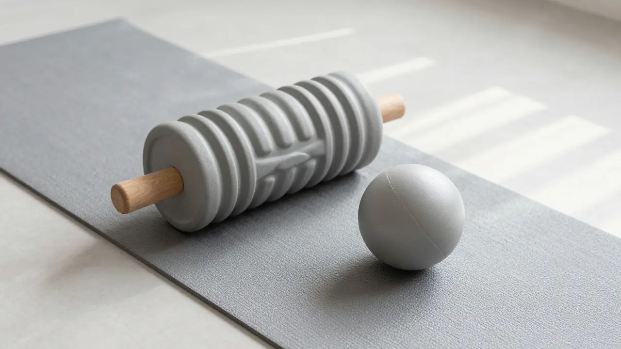 Foam roller and lacrosse ball on a yoga mat for self-massage