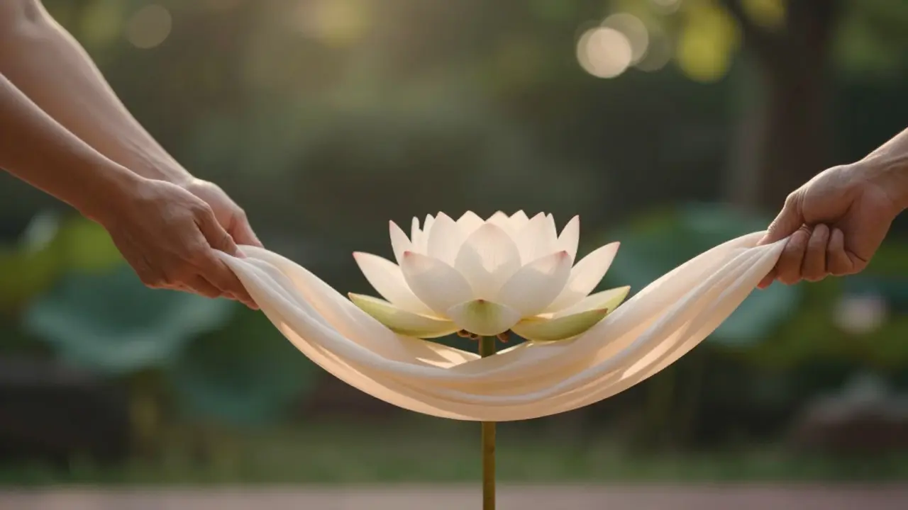 Hands guiding a silk ribbon transforming into a lotus flower