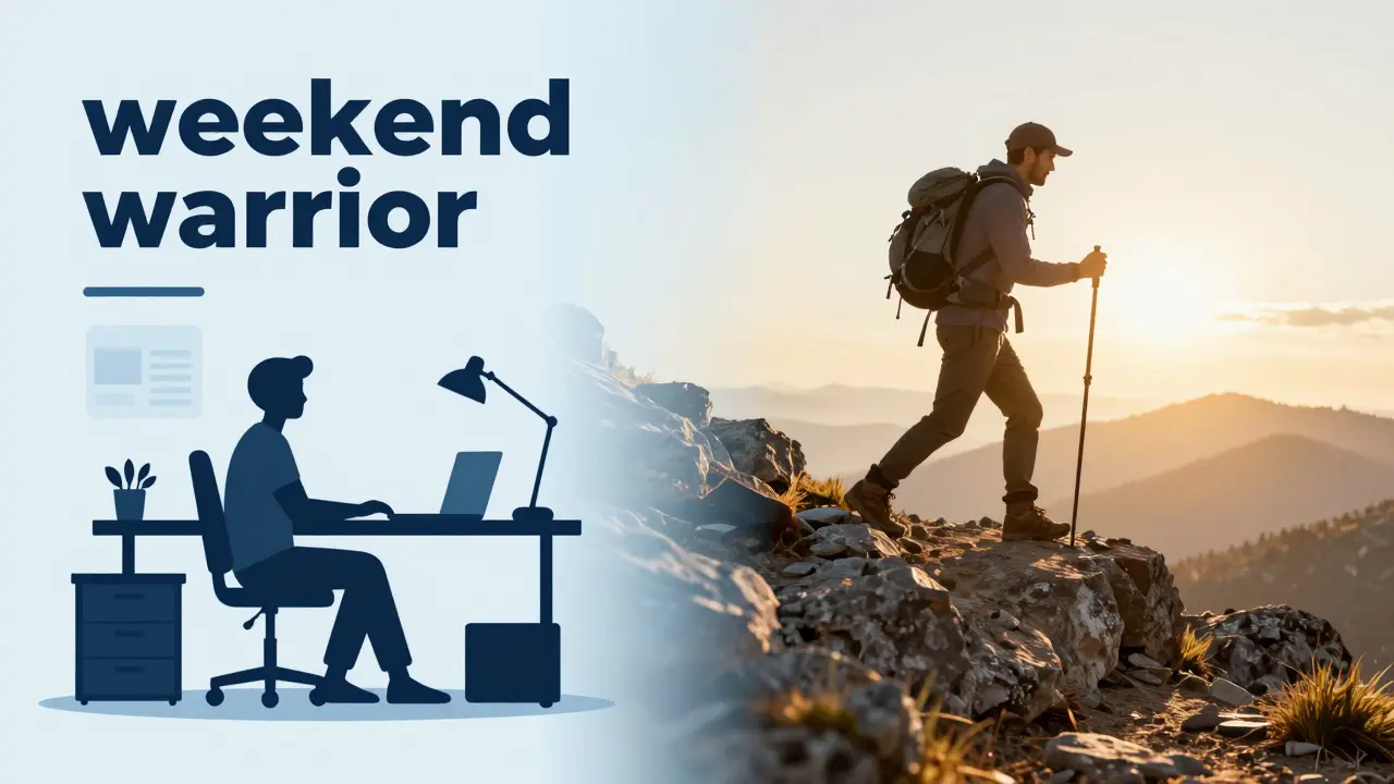 Office worker transforming into hiker silhouette