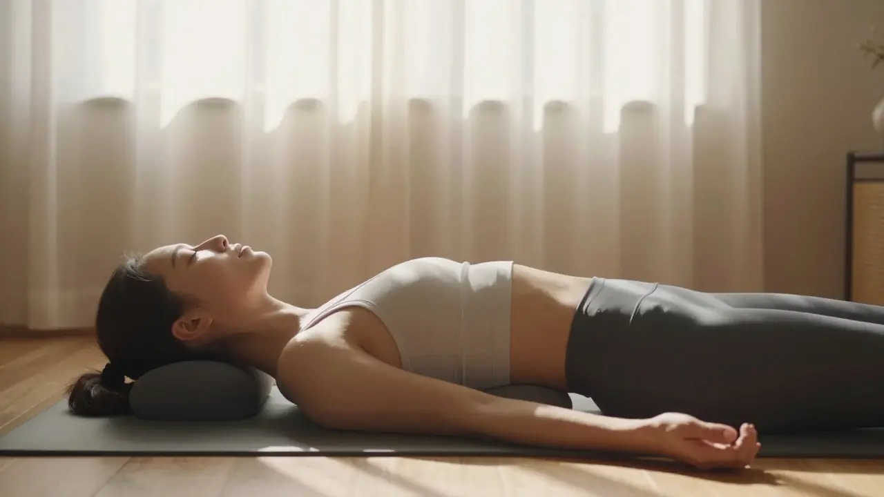 Person lying down practicing gentle pelvic movements in a sunlit room