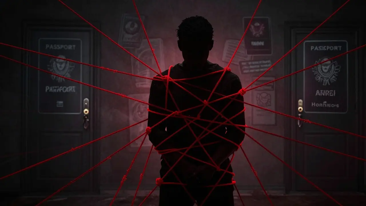 Silhouette trapped in red chains symbolizing human trafficking and exploitation