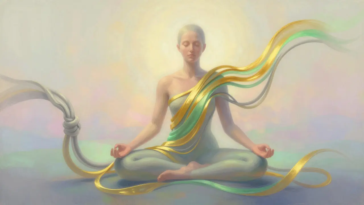 Abstract art of flowing ribbons releasing tension around a meditating figure