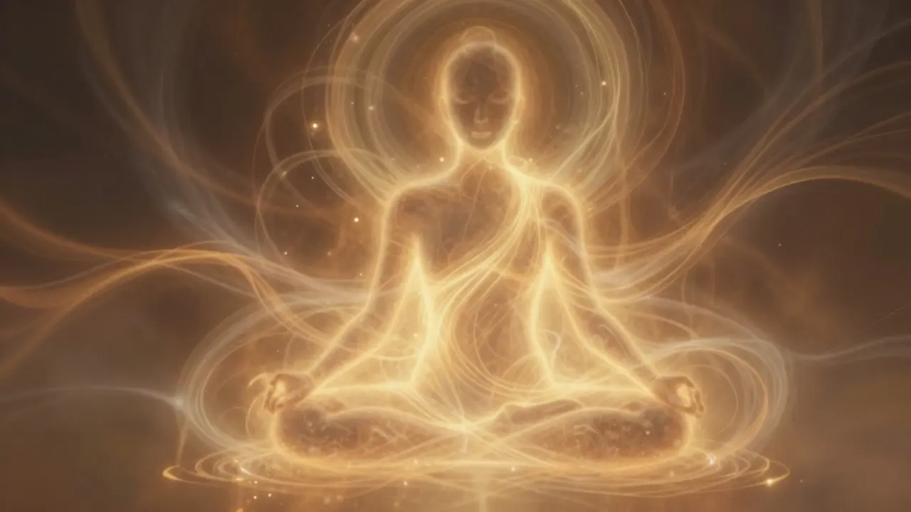 Abstract illustration of golden energy flow and meditation