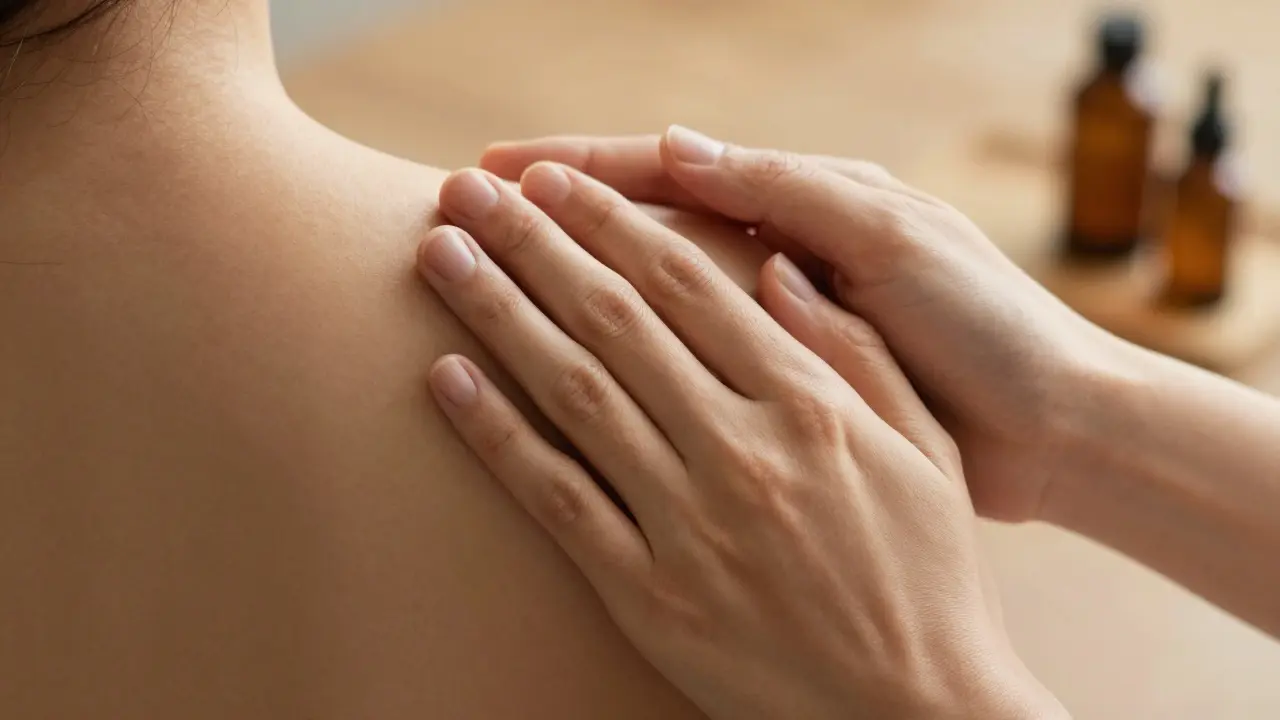 Close-up of gentle hands on a shoulder symbolizing supportive touch and care