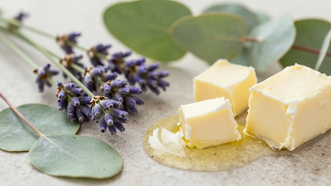Close up of natural ingredients like lavender and shea butter with oil