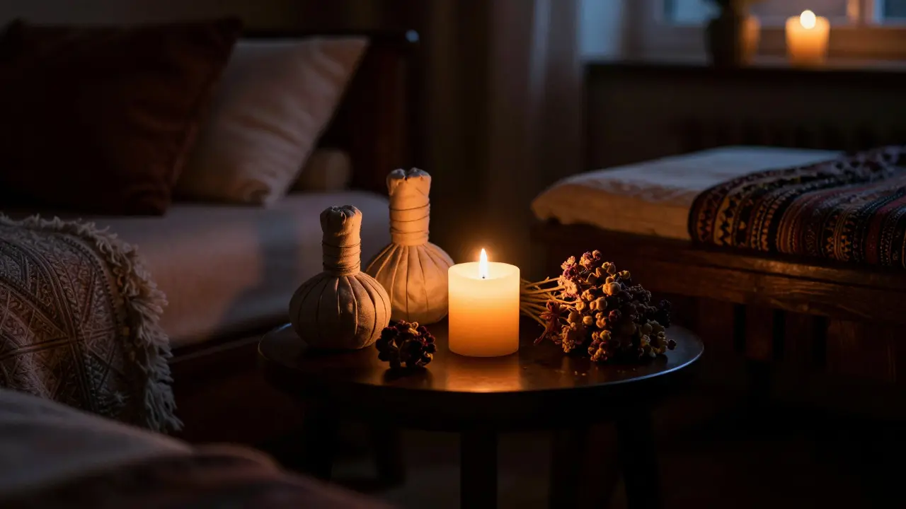 Dimly lit cozy room with burning massage candle and herbal decor