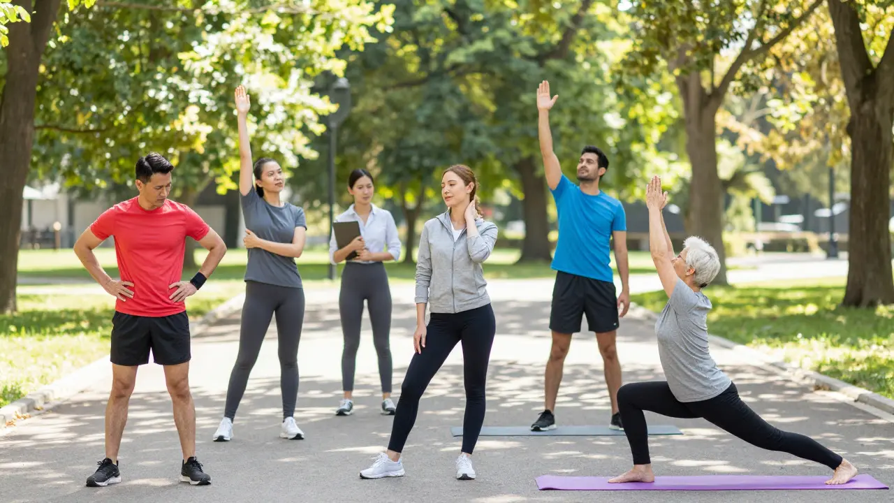 Diverse group of people stretching and exercising outdoors for wellness.