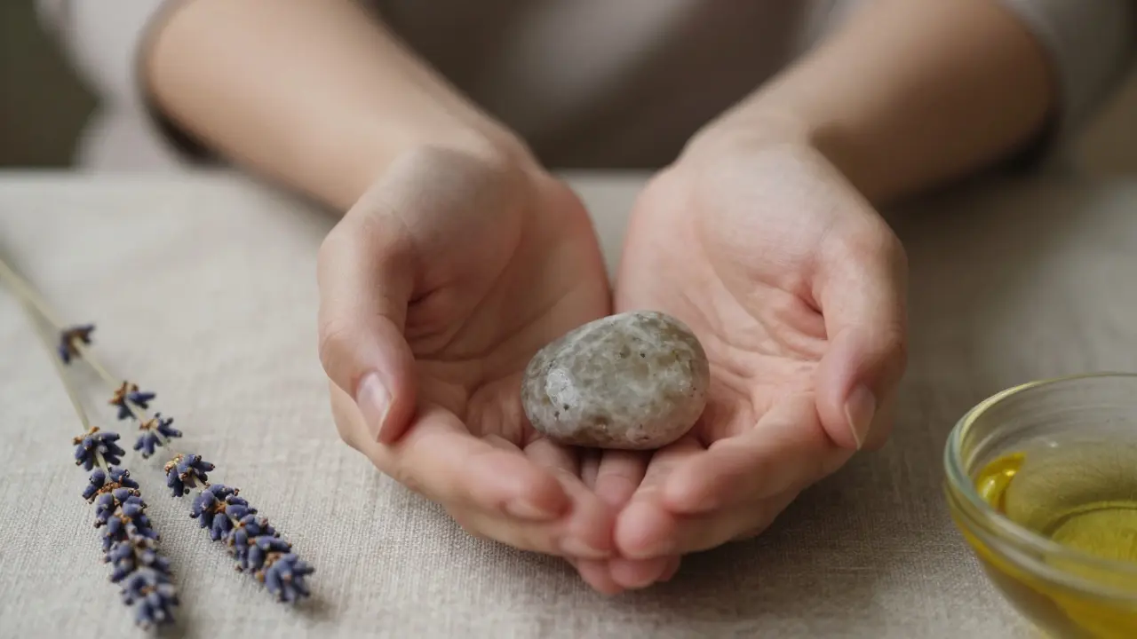 Hands holding a smooth stone with lavender, symbolizing grounding