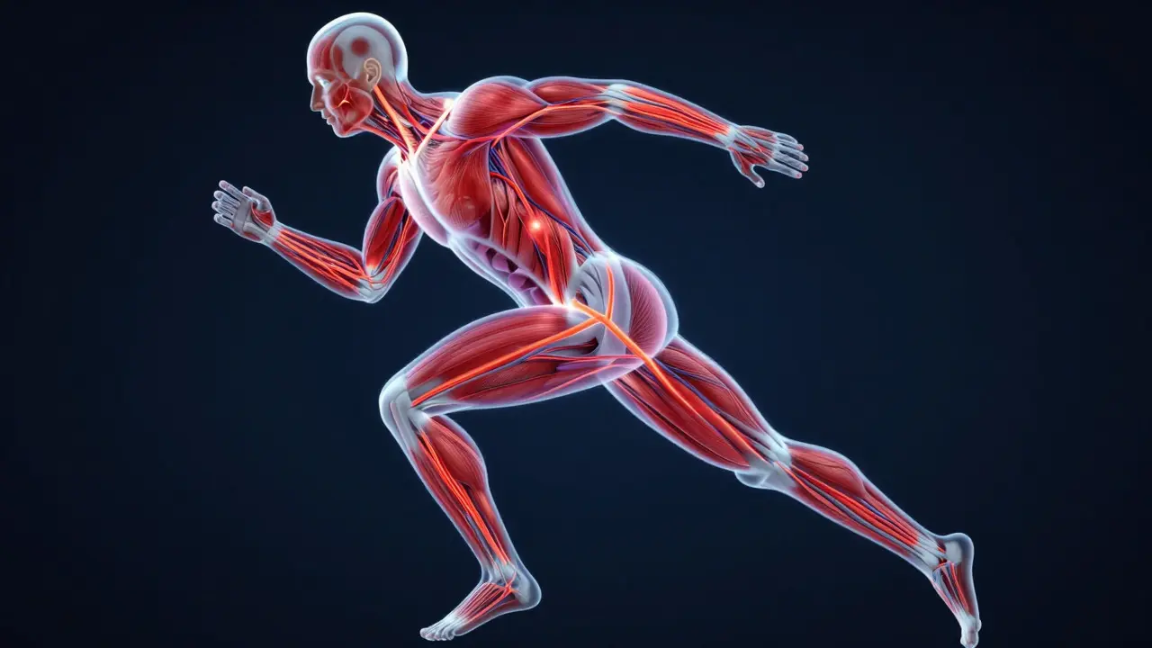 Illustration of glowing blood flow in a runner's muscles showing circulation.