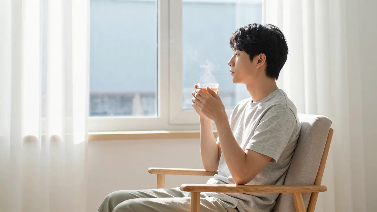 Person enjoying peace and mental clarity in a sunlit room after self-care