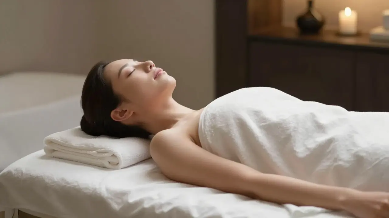 Person resting peacefully on a massage table in a serene spa