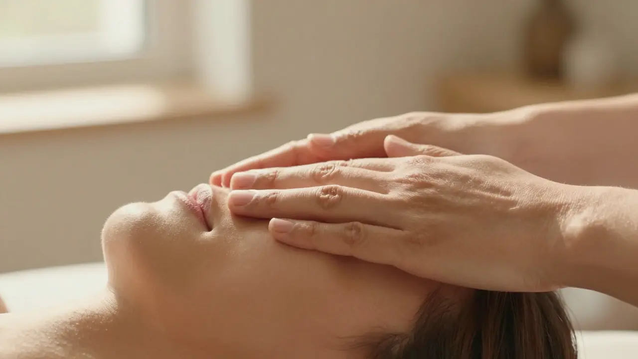 Therapist's hands gently resting on a patient's forehead during craniosacral therapy