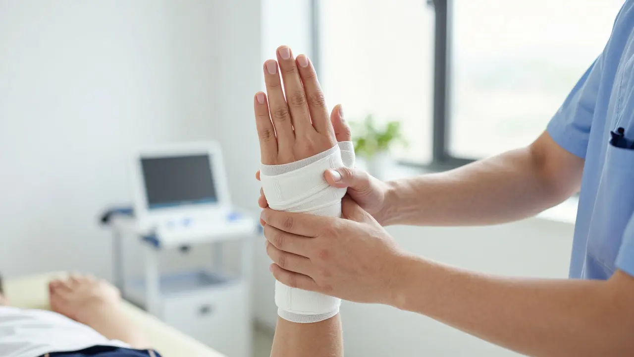 Therapist gently stretching a patient's bandaged hand during rehab.