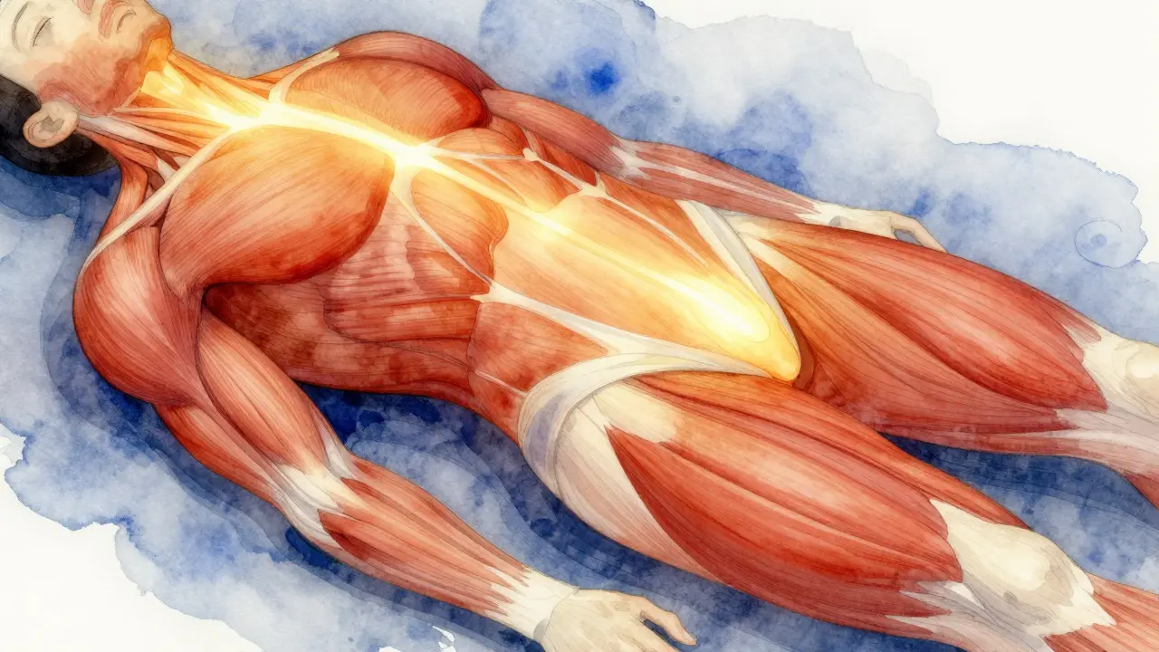 Abstract art showing warm light penetrating muscle tissue for circulation