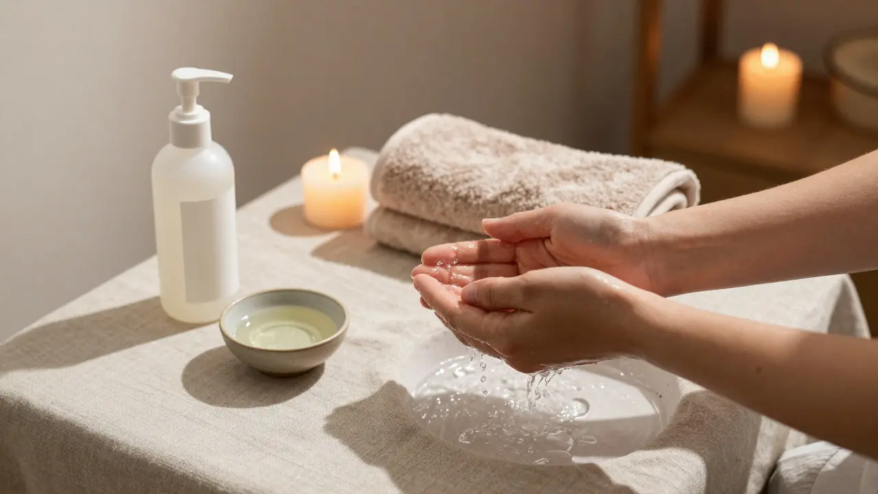 Bedside setup with lubricant, oil, and towel next to washing hands