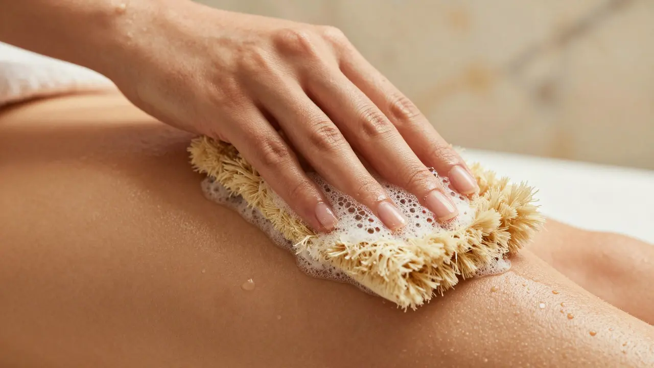 Close up of hands using a kese mitt for exfoliation with soap