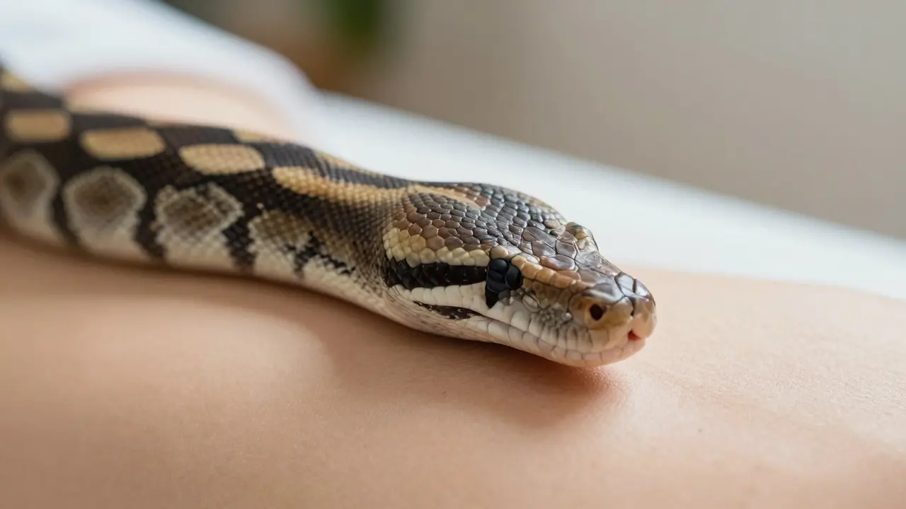 Close up of python scales resting on human skin