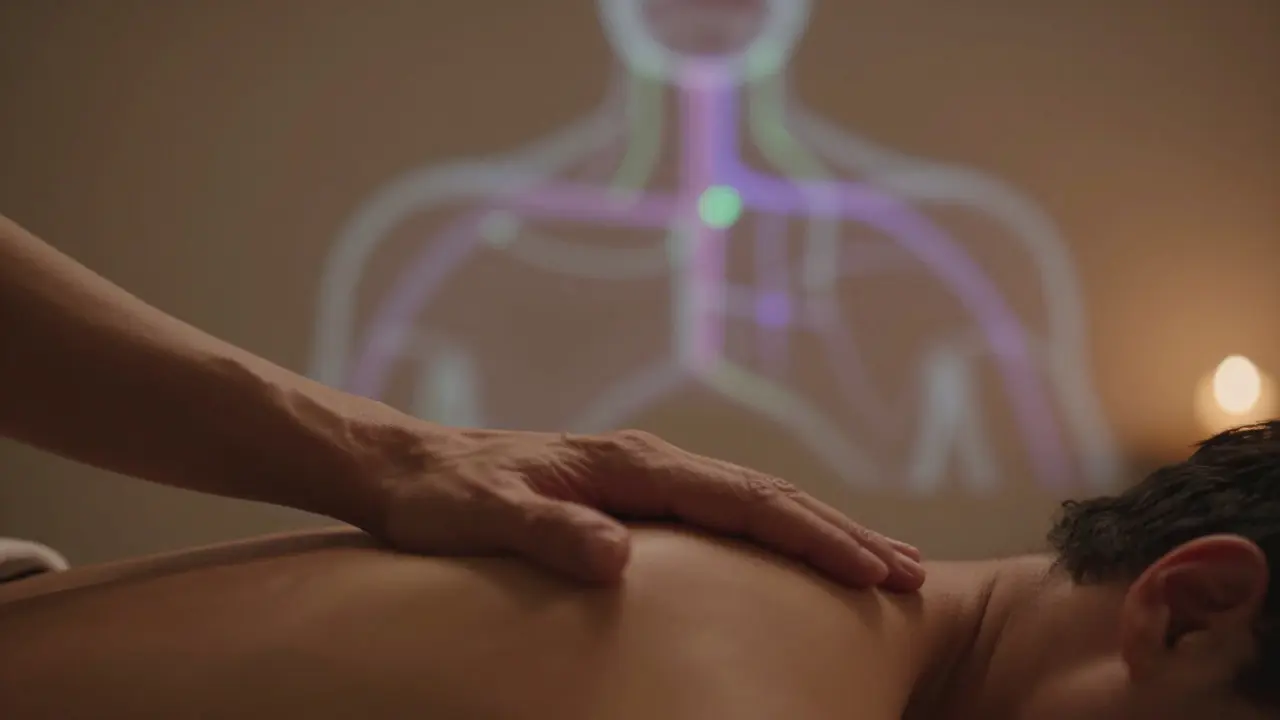 Gentle hands on neck with abstract neural pathways indicating relaxation