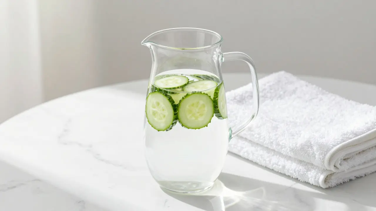 Glass pitcher of water with cucumber and a towel on a marble table