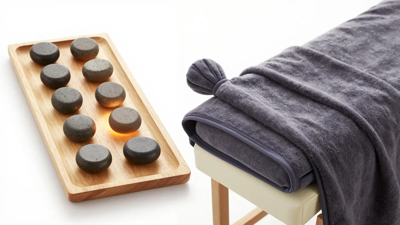 Heated stones and weighted blanket as massage alternatives