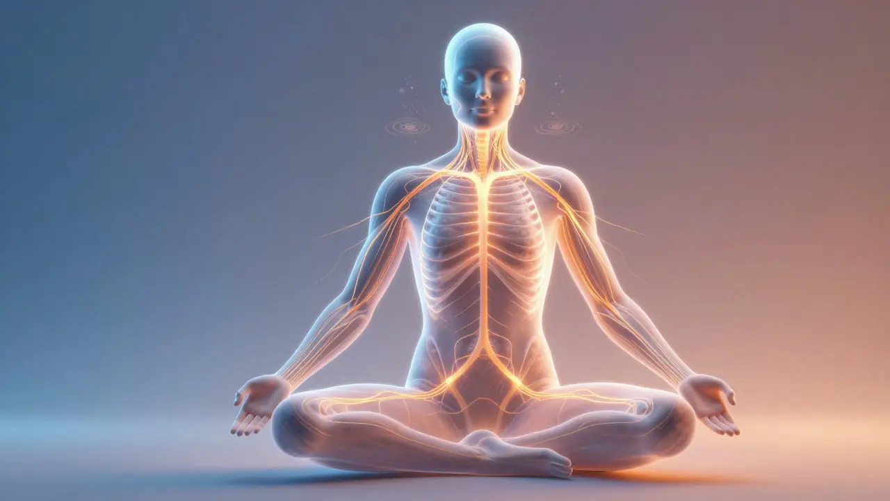 Illustration of glowing energy flowing through a relaxed human figure