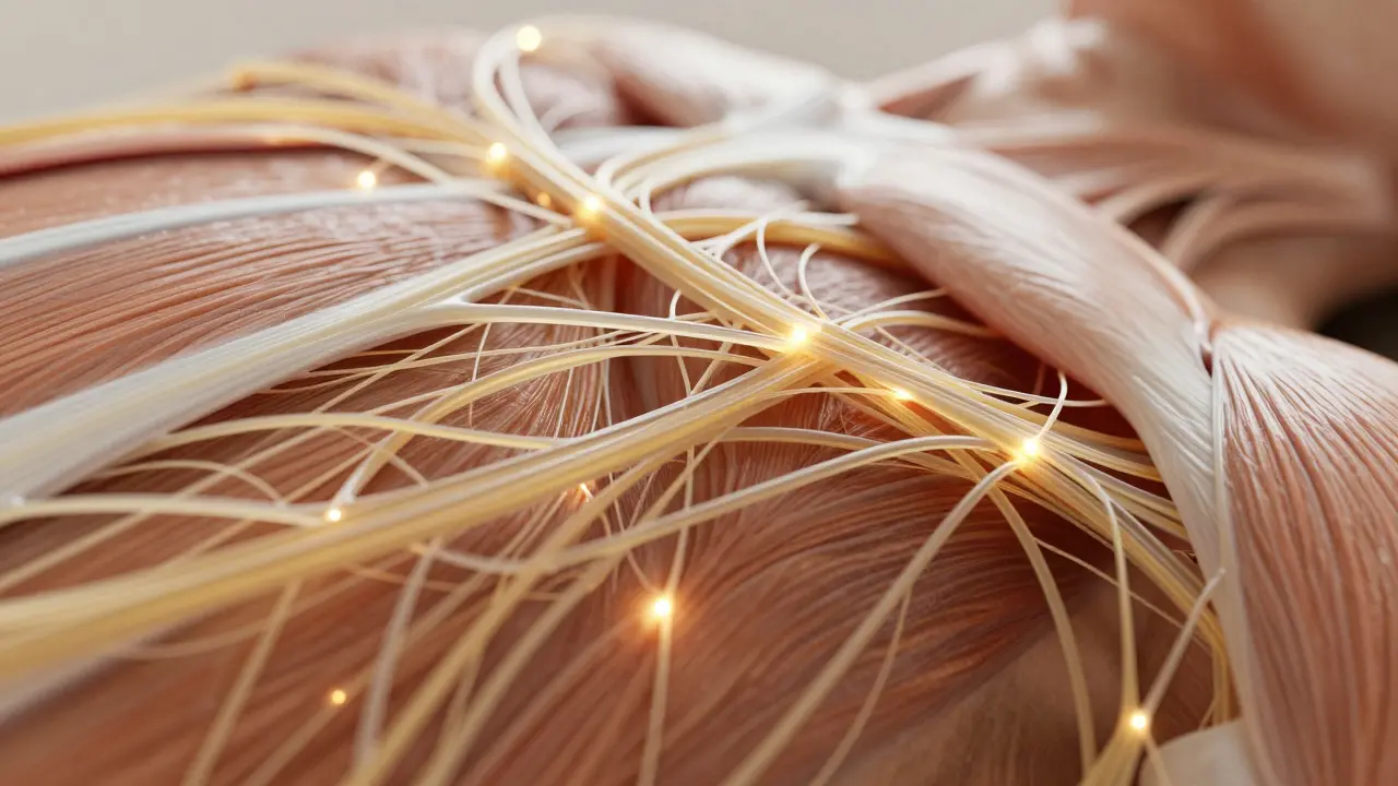 Macro view of golden fascial web and mechanoreceptors in connective tissue