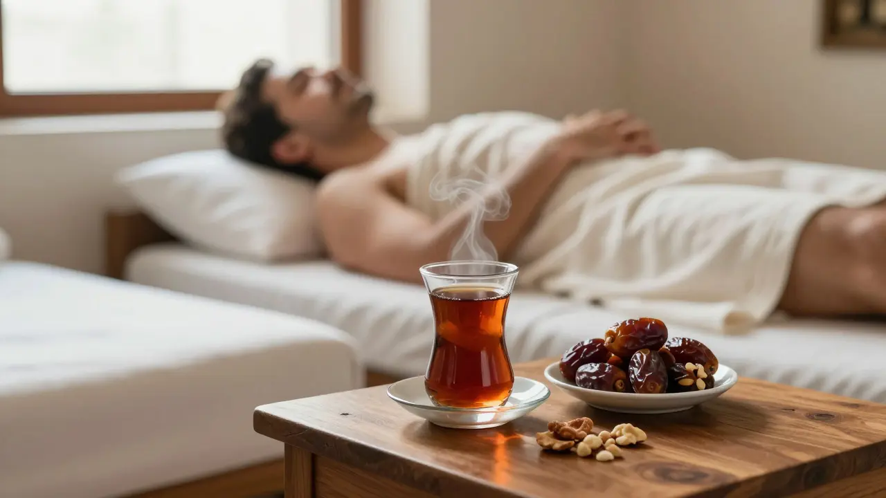 Turkish tea and dates served in a hammam rest area